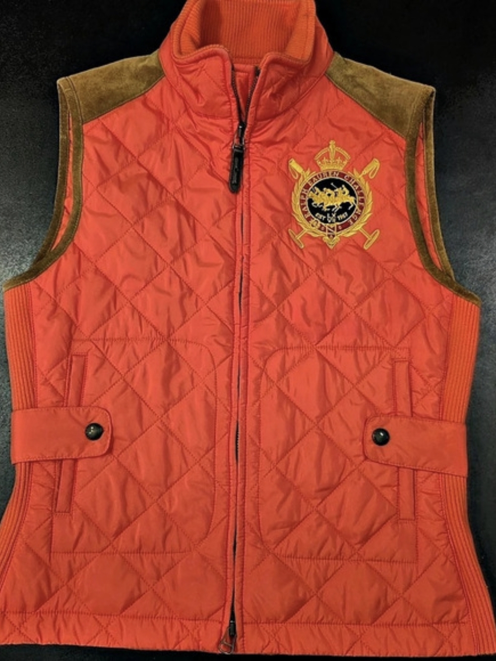 Ralph Lauren Quilted Crest Vest in Orange Size Medium Like New Equestrian